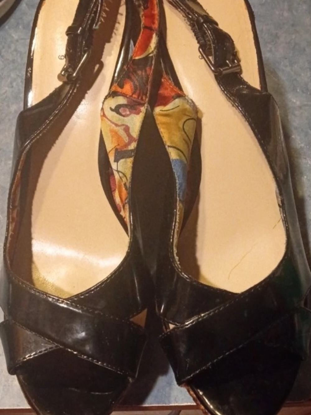 Faded Glory Black Patent Peep-Toe Wedge Sandals with Colorful Lining